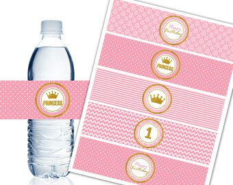 1st Birthday Water Bottle Labels, Printable, Pink and Gold, Princess Party Decor, Birthday Girl - Instant Download - DP492