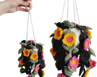 Crochet Hanging Vine Flower Plant, Home Decor, Potted Flowers, Pink and Yellow Flowers, Crochet Flowers in the Pot