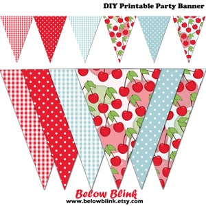 Könnte beinhalten: Druckbare Partygirlande mit Kirsch-Motiv. Die Girlande zeigt rotes und weißes Gingham, rote Punkte und ein Muster aus roten Kirschen auf weißem Hintergrund. Die Girlande enthält auch den Text "Below Blink" und eine Website-Adresse.
