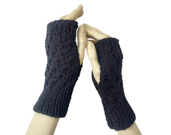 Black Knit Fingerless Gloves: Acrylic Wrist Warmers