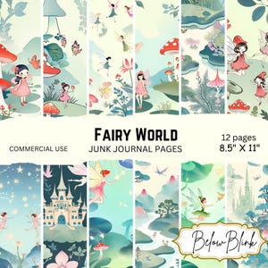 Pages de journal indésirable du monde des fées, paquet de papier numérique féerique, arrière-plans à imprimer, éphémères, papier de scrapbooking imprimable champignons