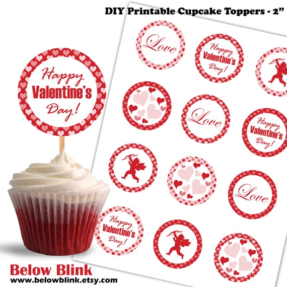 DIY INSTANT DOWNLOAD Dots Hearts Printable Party Cupcake Toppers in Red Black White with Cupid Valentines Day Cake Toppers