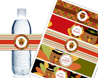 Thanksgiving Water Bottle Labels, Turkey Printable Labels, Thanksgiving Party Decoration, Give Thanks, Gobble, Instant Download - DP649