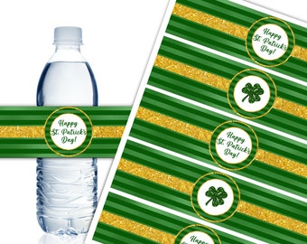 Happy St. Patrick's Day Water Bottle Labels Printable Irish Theme Party Decor Luck of the Irish Party Metallic Green Instant Download DP937