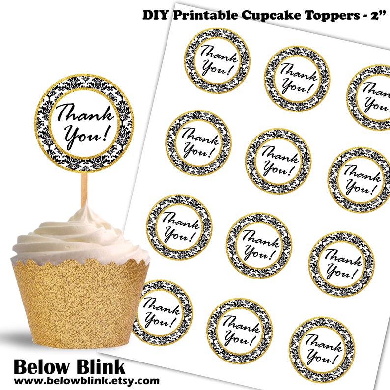 Thank You Cupcake Toppers Damask and Gold Printable Cupcake | Etsy