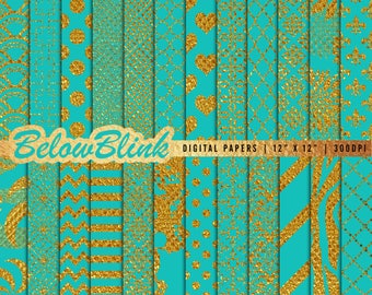May include: Set of 12 digital papers featuring gold glitter patterns on a turquoise background. The patterns include polka dots, stripes, hearts, geometric shapes, and more.  The papers are 30.5 cm by 30.5 cm and 300 DPI.