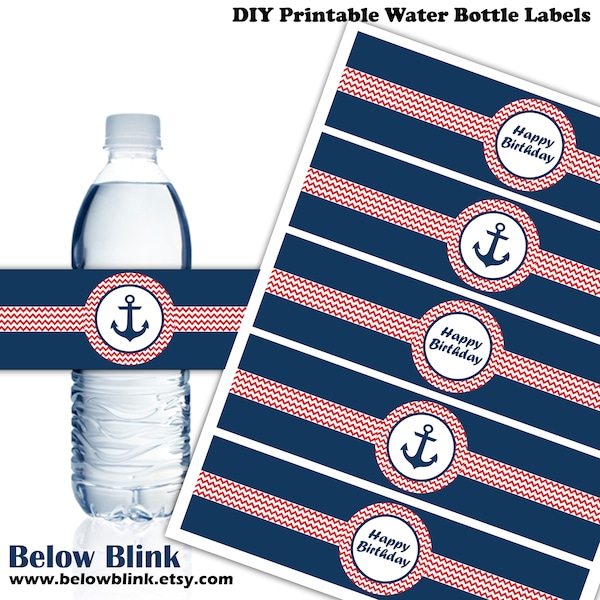 Nautical Happy Birthday Water Bottle Labels Anchor Birthday Party Favors Printable Navy Blue Red Decorations Wrappers Instant Download DP992