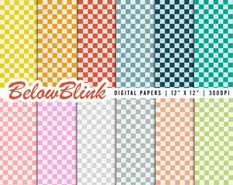 Op de afbeelding: Set van 10 digitale papieren met geruite patronen in verschillende kleuren, waaronder geel, oranje, rood, blauw, groen, roze en grijs. Elk papier is 30,5 cm bij 30,5 cm en heeft een resolutie van 300 DPI.