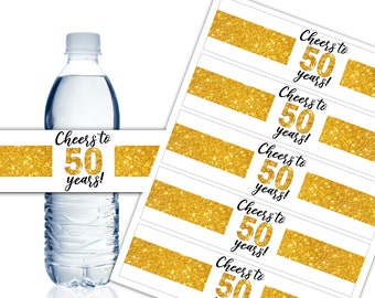 Cheers to 50 Years Water Bottle Labels, Wrappers, Printable Labels, 50th Anniversary Party Decor, 50th Birthday, Instant Download - DP878