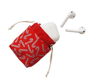 Christmas Mini Drawstring Pouch, Airpod Case, Earbud Pouch, Sac Pochon, Mini Gift Bag, Treasure Bag, Jewelry Pouch, Candy Cane