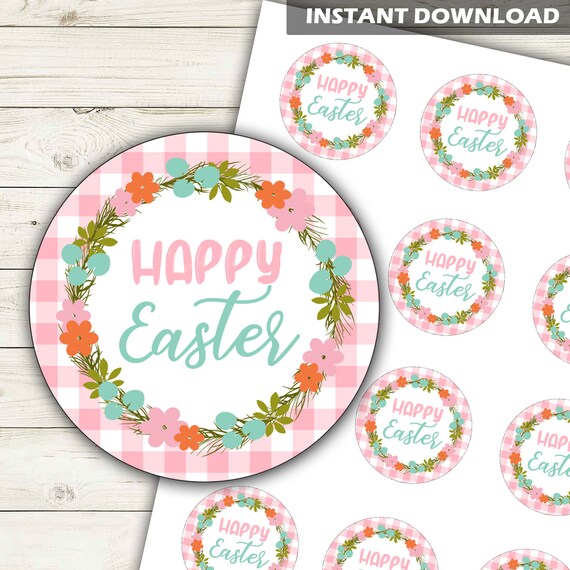 Pink Gingham Floral Happy Easter Stickers, Printable Happy Easter Labels, Happy Easter Cupcake Toppers, Instant Download - DP1030 Il_570xn