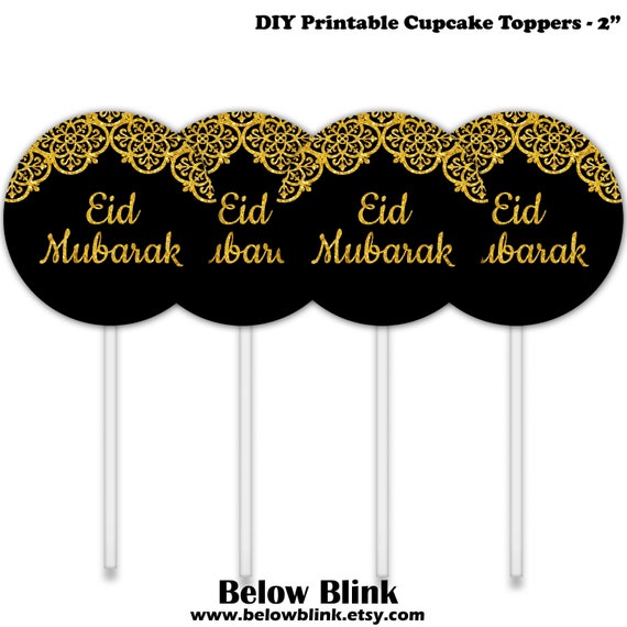 Eid Mubarak Cupcake Toppers, Royal Black and Gold, Tags, Eid Favors