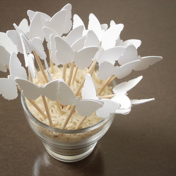 24 Wedding White Butterfly Party Picks, Cupcake Toppers, Food Picks, Toothpicks - No422