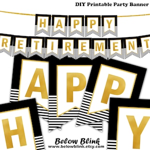 Happy Retirement Banner Printable Retirement Party Decorations Bunting Celebration Sign Black Gold Stripes Instant Download DP987