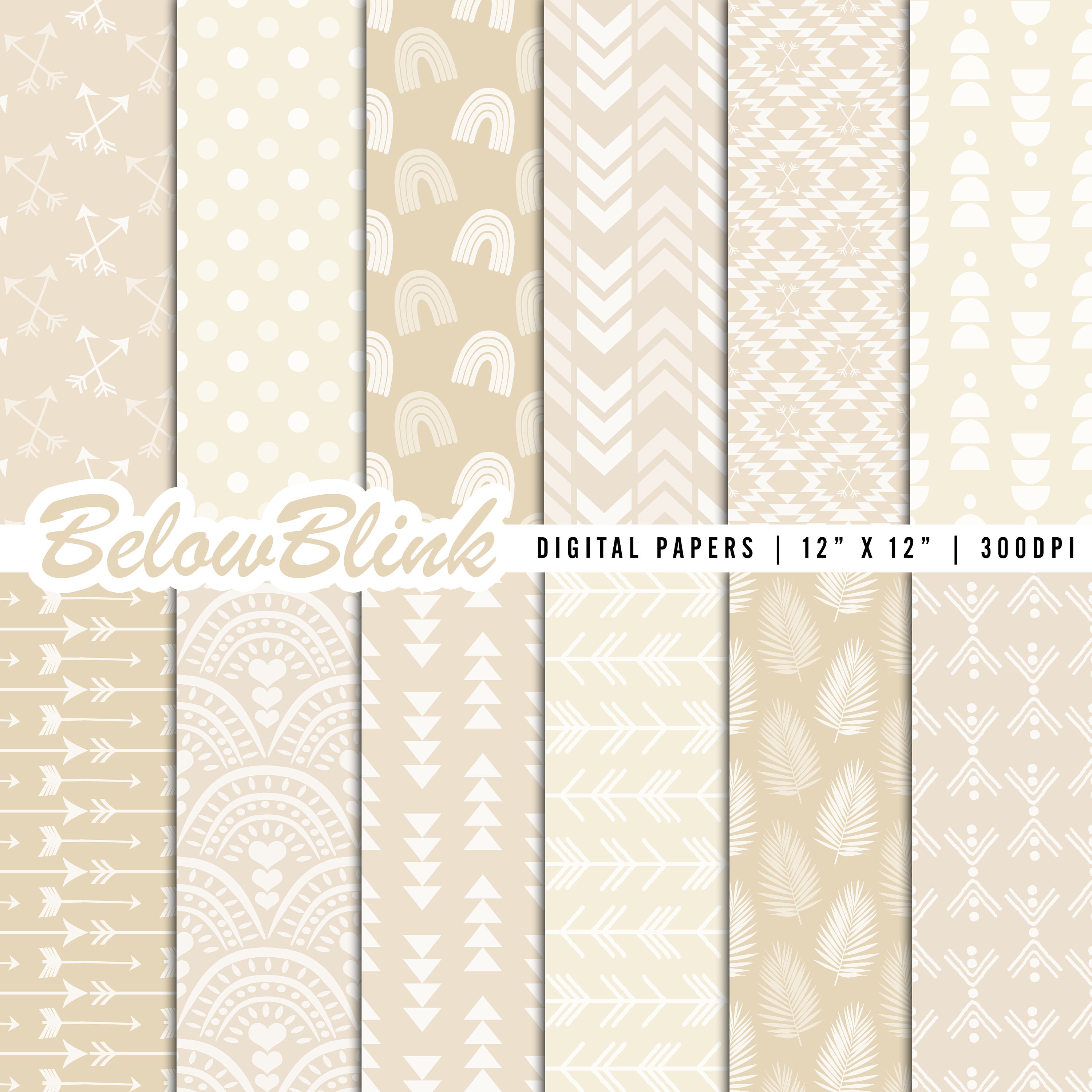 Paper Pattern Cream Cream Boho Digital Paper, Seamless Backgrounds, Bohemian Scrapbook ...