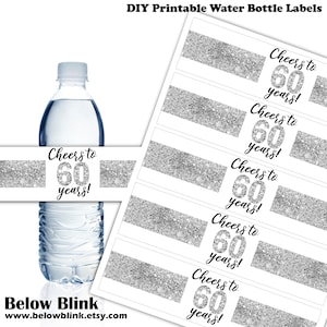 Saludos a 60 años Etiquetas de botellas de agua, envoltorios, etiquetas imprimibles, decoración del 60 aniversario, 60 cumpleaños de plata, descarga instantánea - DP1042