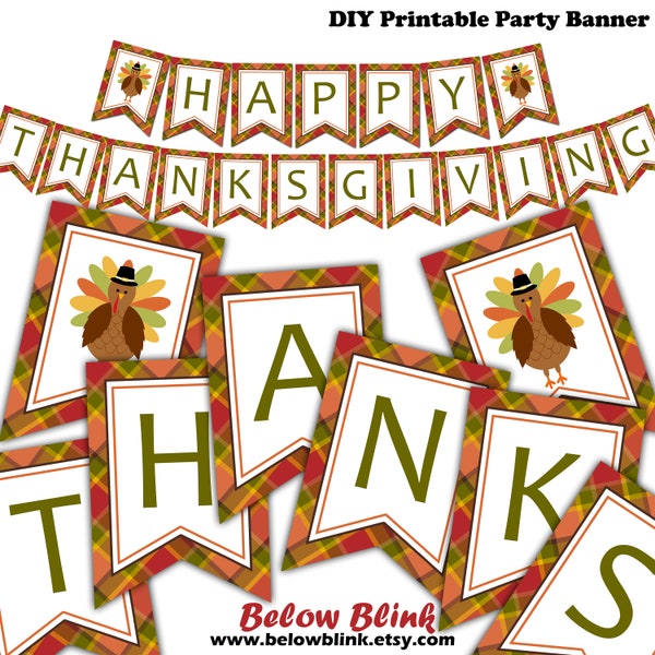 Happy Thanksgiving Banner, Printable Fall Banner, Give Thanks Banner, Turkey Banner, Thanksgiving Mantel Decor, Instant Download - DP651