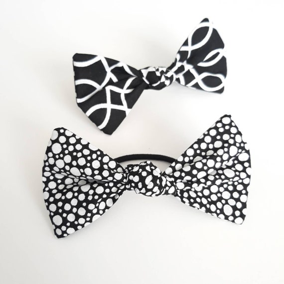 White Black Top Knot Bow Hair Tie, Hair Bow, Ponytail Holder, Ponytail Bow, Knotted Hair Ties, Hair Accessories, Elastic Hair Tie Set of 2 Il_570xn