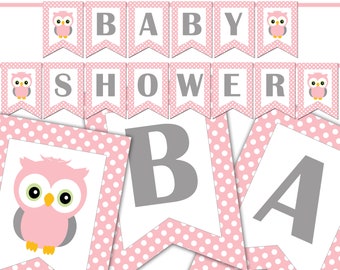 Owl Baby Shower Banner, Baby Girl Banner, Printable Owl, Pink and Gray Banner, Pink Owl Baby Girl Decorations, Instant Download DP960