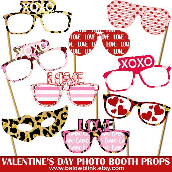 Valentine's Day Glasses Photo Props, Printable Photo Booth Props