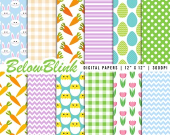 Easter Bunny Digital Paper, Seamless Backgrounds, Scrapbook Paper, Printable Papers, Gingham, Carrots, Easter Chick, Tulips - DP1089