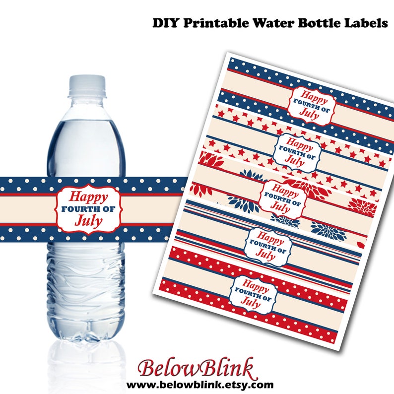 4th of July Water Bottle Labels, Printable Water Bottle Labels, Independence Day Party Decor Instant Download-DP425 image 1