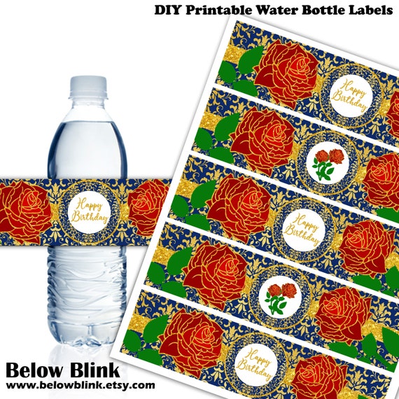 Beauty and the Beast happy birthday water bottle labels gold red roses princess party favor digital printable instant download DP949 Il_570xn