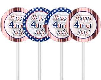4th of July Cupcake Toppers, Printable Tags, Favors, Independence Day Party Circles, 4th of July Party Decor, Instant Download - DP590