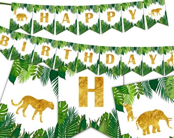 Gold Safari Happy Birthday Banner, Jungle Birthday Party, Safari Banner Printable, Wild Birthday, Elephant, Giraffe, Instant Download DP883