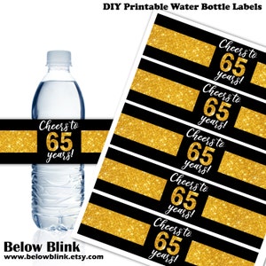 Cheers to 65 Years Water Bottle Labels, Wrappers, Printable Labels, 65th Anniversary Party Decor, 65th Birthday, Instant Download - DP919