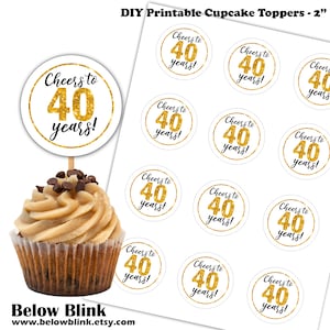 Cheers to 40 Years Cupcake Toppers, 2&quot; Round Tags, Favor Tags, Confetti, Anniversary, Gold White, Birthday Stickers, Instant Download DP870