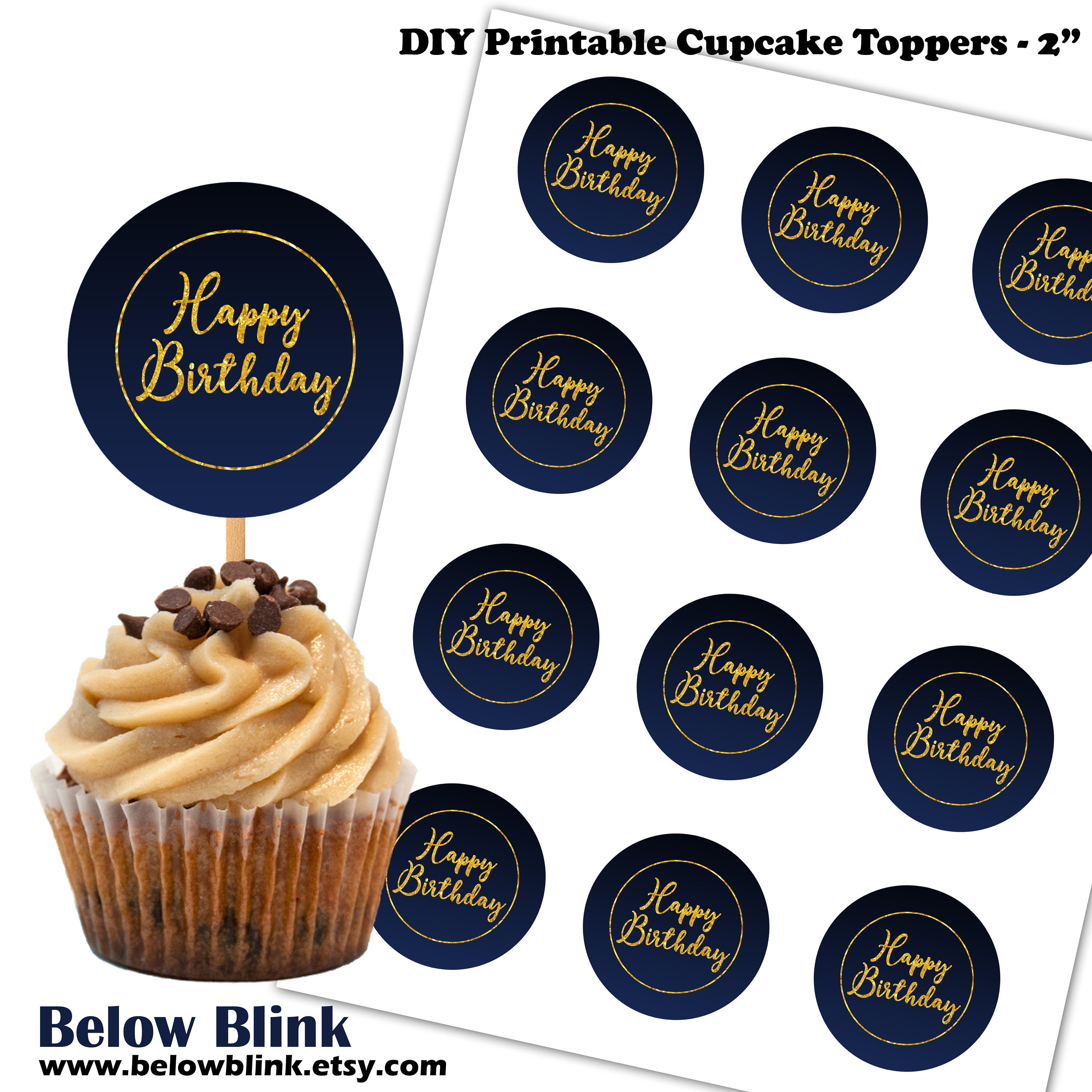 Happy Birthday Cupcake Toppers Navy Blue and Gold Birthday Etsy New