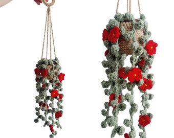 Crochet Hanging Vine Flower Plant, Indoor Garden, Home Decor, Red Flowers