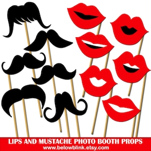 Puede incluir: Un conjunto de labios rojos y bigotes negros en palos. Estos son accesorios de cabina de fotos para fiestas y eventos. El texto en la imagen dice "Lips and Mustache Photo Booth Props www.belowblink.etsy.com".
