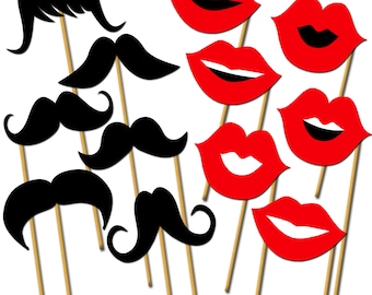 Lips and Mustaches Photo Props, Printable Photo Booth Props, Wedding Party Props, Mustaches on a Stick, Little Man Party - DP413