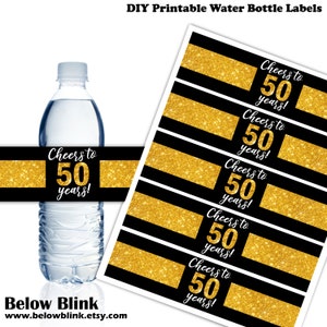 Cheers to 50 Years Water Bottle Labels, Wrappers, Printable Labels, 50th Anniversary Party Decor, 50th Birthday, Instant Download - DP868