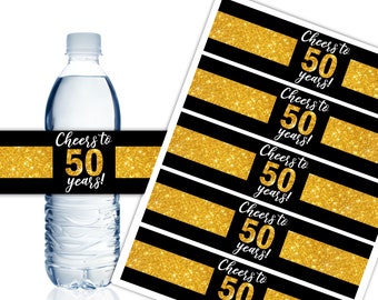 Cheers to 50 Years Water Bottle Labels, Wrappers, Printable Labels, 50th Anniversary Party Decor, 50th Birthday, Instant Download - DP868