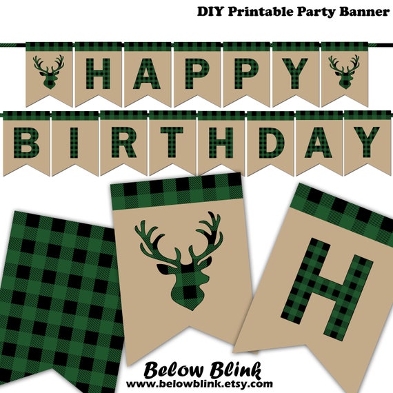 Lumberjack Happy Birthday Printable Banner Deer Head Lumberjack Party Decor Birthday Supply Green Buffalo Plaid Instant Download DP943 Il_570xn