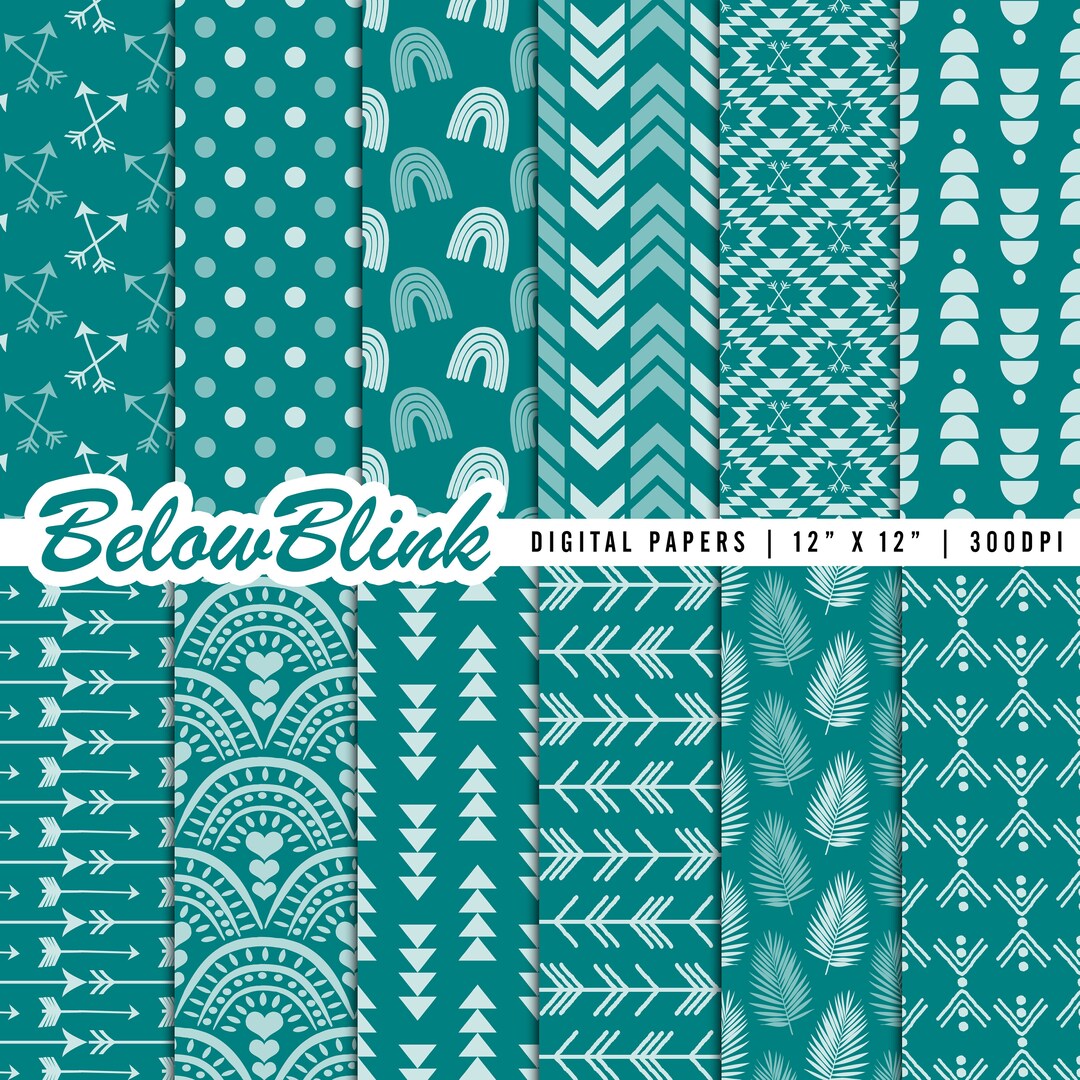 Teal Boho Digital Paper, Seamless Backgrounds, Bohemian Scrapbook Paper ...