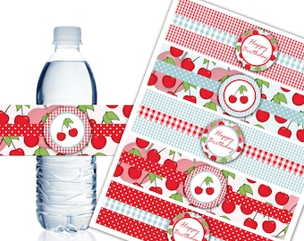 Sweet Cherry Water Bottle Labels, Printable Water Bottle Labels, Cherry Theme Party Decor, Birthday - Instant Download - DP501