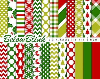 May include: Set of 12 digital papers featuring Christmas themed patterns in red, green, and white. The patterns include snowflakes, holly, Christmas trees, polka dots, stripes, and chevron designs. The papers are 12 inches by 12 inches and 300 DPI.