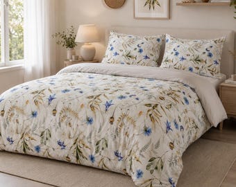 Jogo de cama floral azul | 100% algodão turco | Lençol de baixo incluído