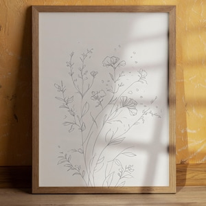 Impresión minimalista de arte lineal de flores silvestres: dibujo botánico en blanco y negro (descarga digital)