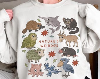 Sweatshirt Nature's Weirdos, grappig raar dier met ronde hals, schattige grafische trui met dieren in het wild, cadeau vogelnerd, natuurliefhebber Cottagecore-sweater