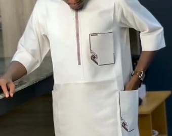 Cream African Men's Suit: Handmade Traditional Wedding Outfit