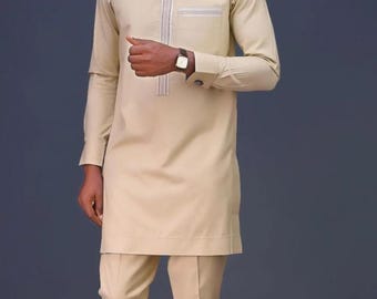 Cream African Men's Suit: Handmade Traditional Wedding Outfit
