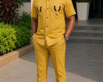 Terno Safari Masculino Amarelo Mostarda | Conjunto moderno de duas peças, camisa de manga curta, calça slim