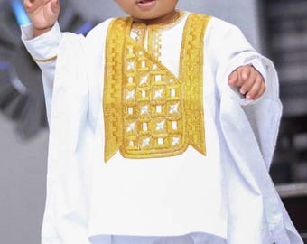 Embroidered Baby Agbada: White & Gold African Outfit