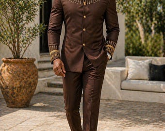 Costume de prince africain marron chocolat | Tenue de mariage pour hommes avec broderies dorées Sunburst