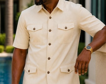 Men's Cream Safari Suit Short Sleeve Luxury Co ord Set Beige Groom Wedding Attire